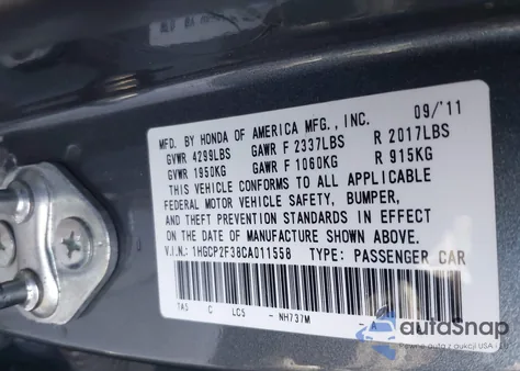 2012 Honda Accord 2.4 Lx from USA, damaged, VIN 1HGCP2F38CA011558